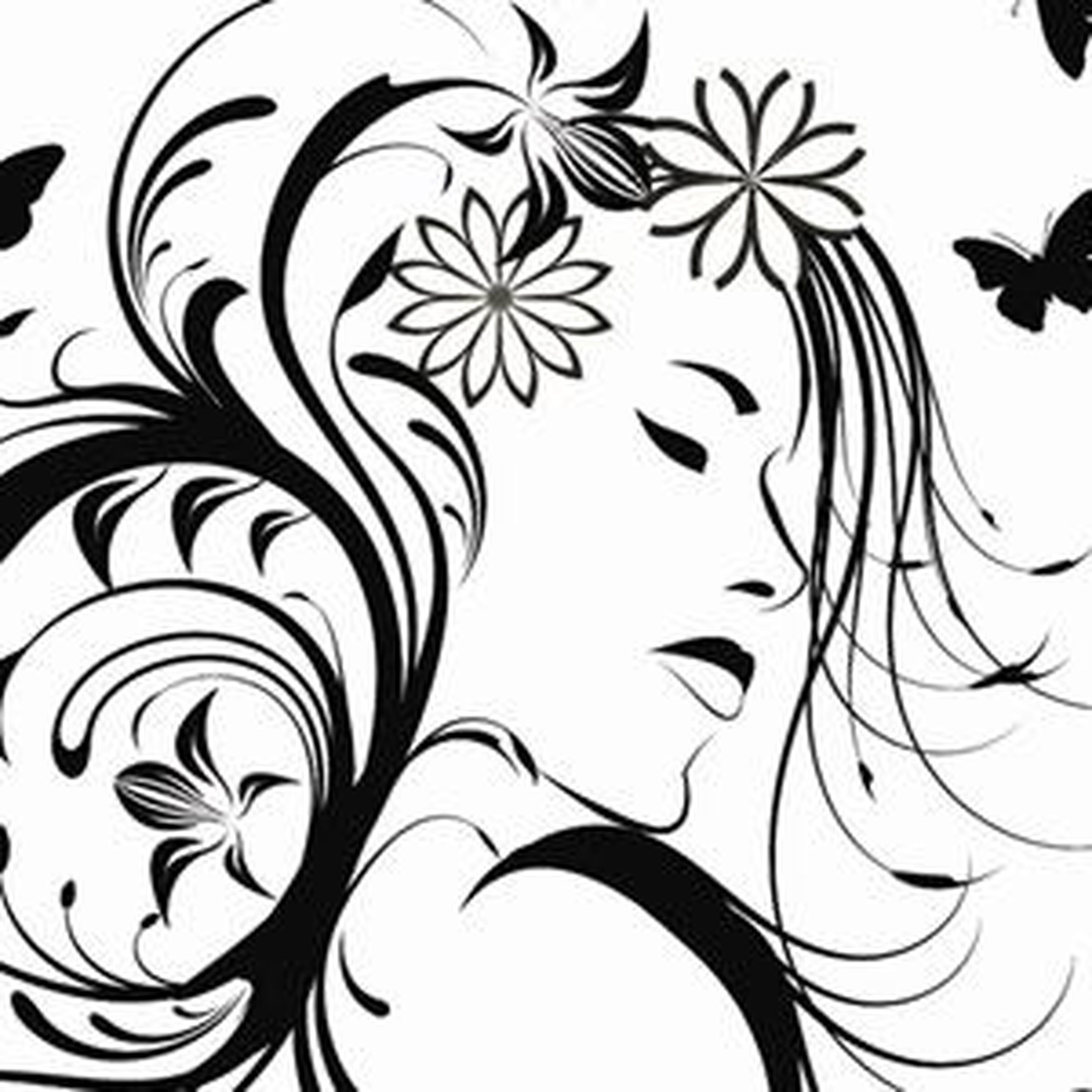 Эскиз девушки с цветами в волосах черно белый
