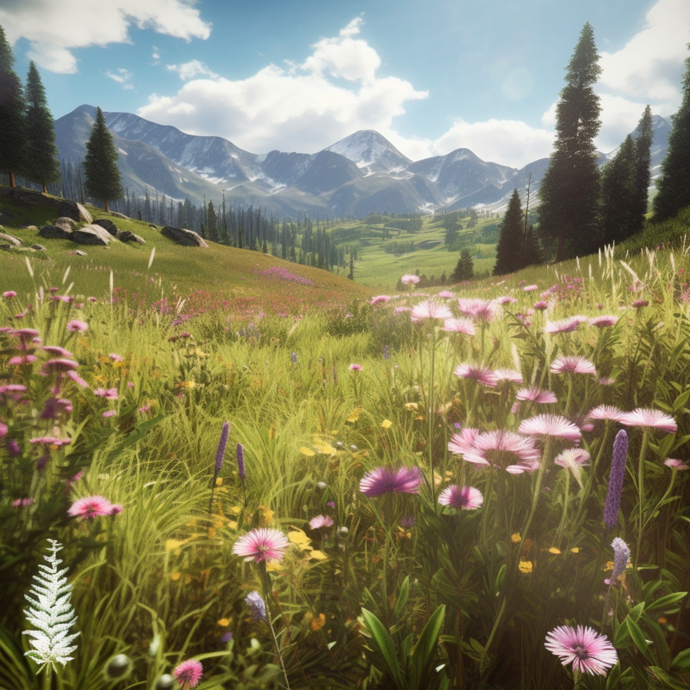 Relaxing Meadow with Ambient Nature Sounds, Wildflowers, and Mountain View