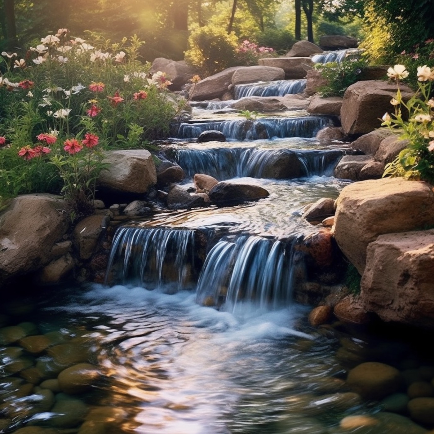 Experience the soothing sounds of a small waterfall with bubbling water