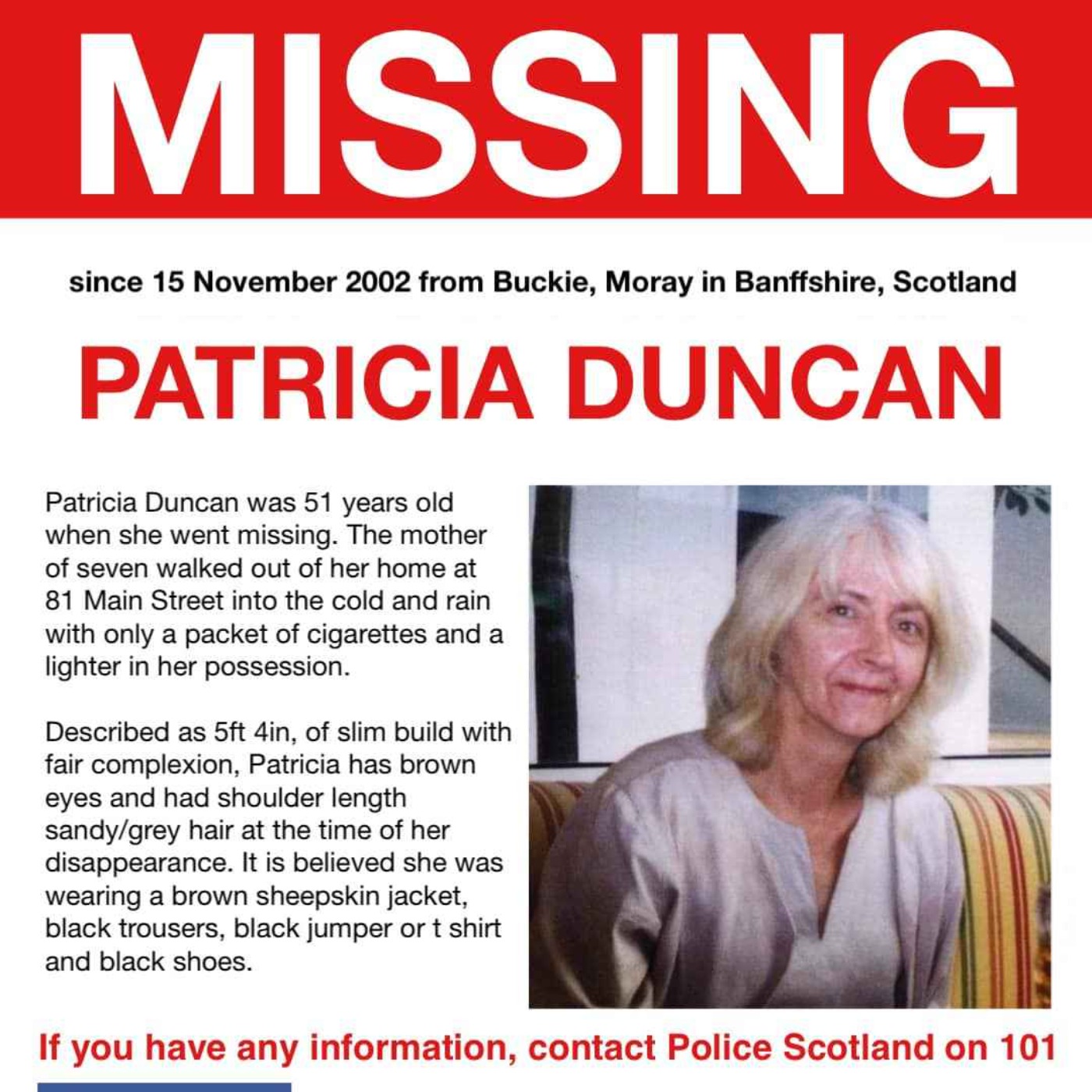 cover art for MISSING: Patricia Duncan (Buckie, Scotland)