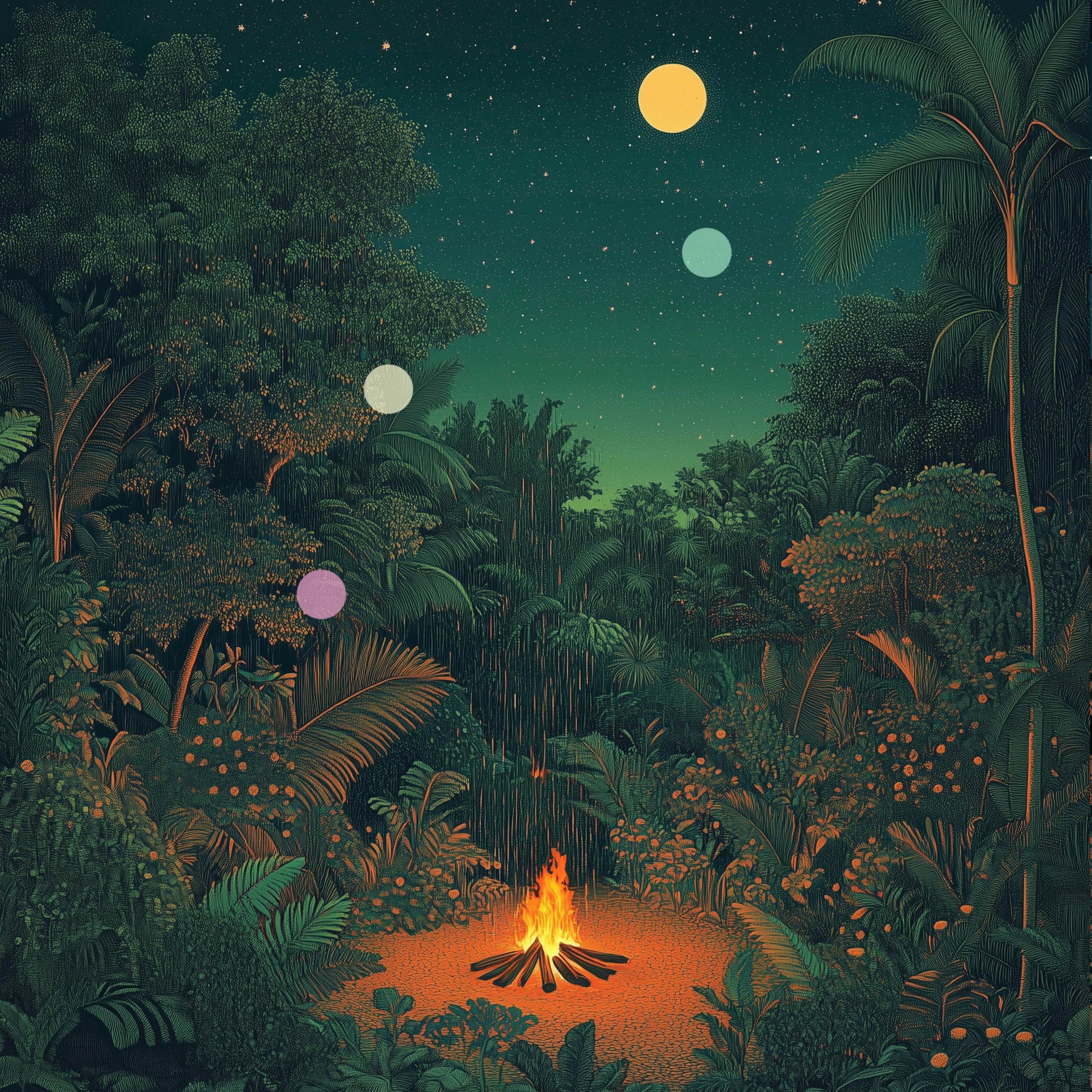 Ambiente de Fogata en la Selva Tropical | Atmósfera Nocturna Acogedora en la Jungla