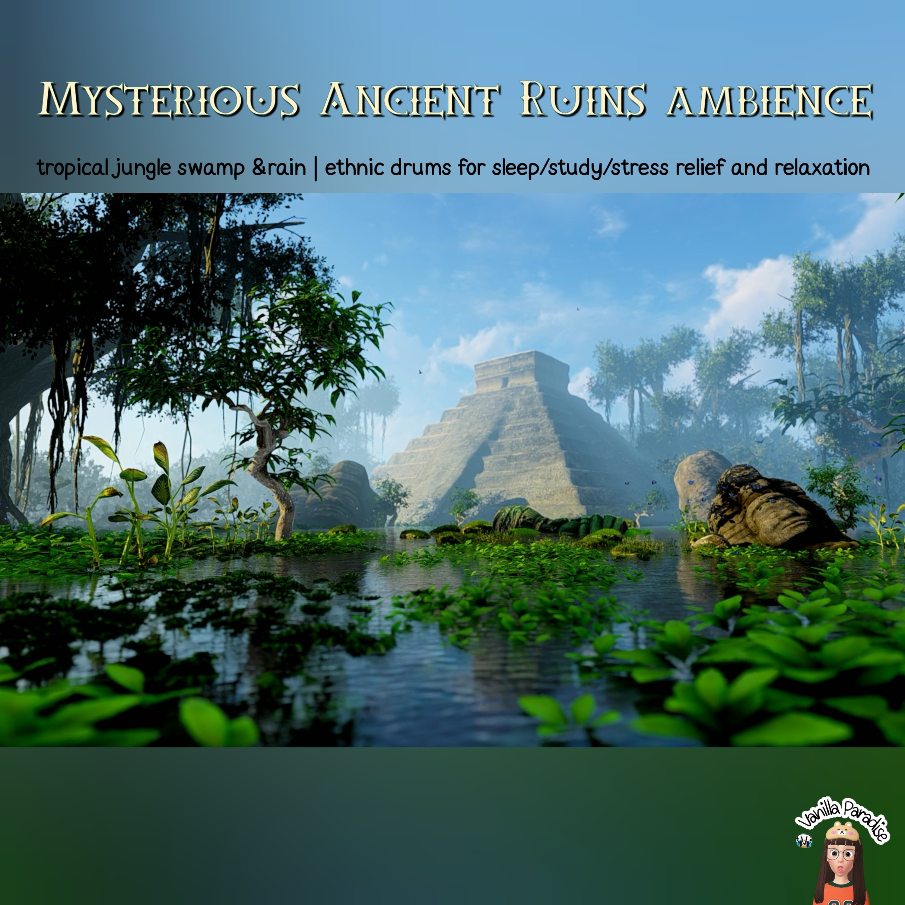 🎧​Mysterious​ Ancient​ Ruins ambience​ | tropical​ jungle swamp &​ rain | ethnic​ drums for sleep​/study​/stress​ relief​ and relaxation​