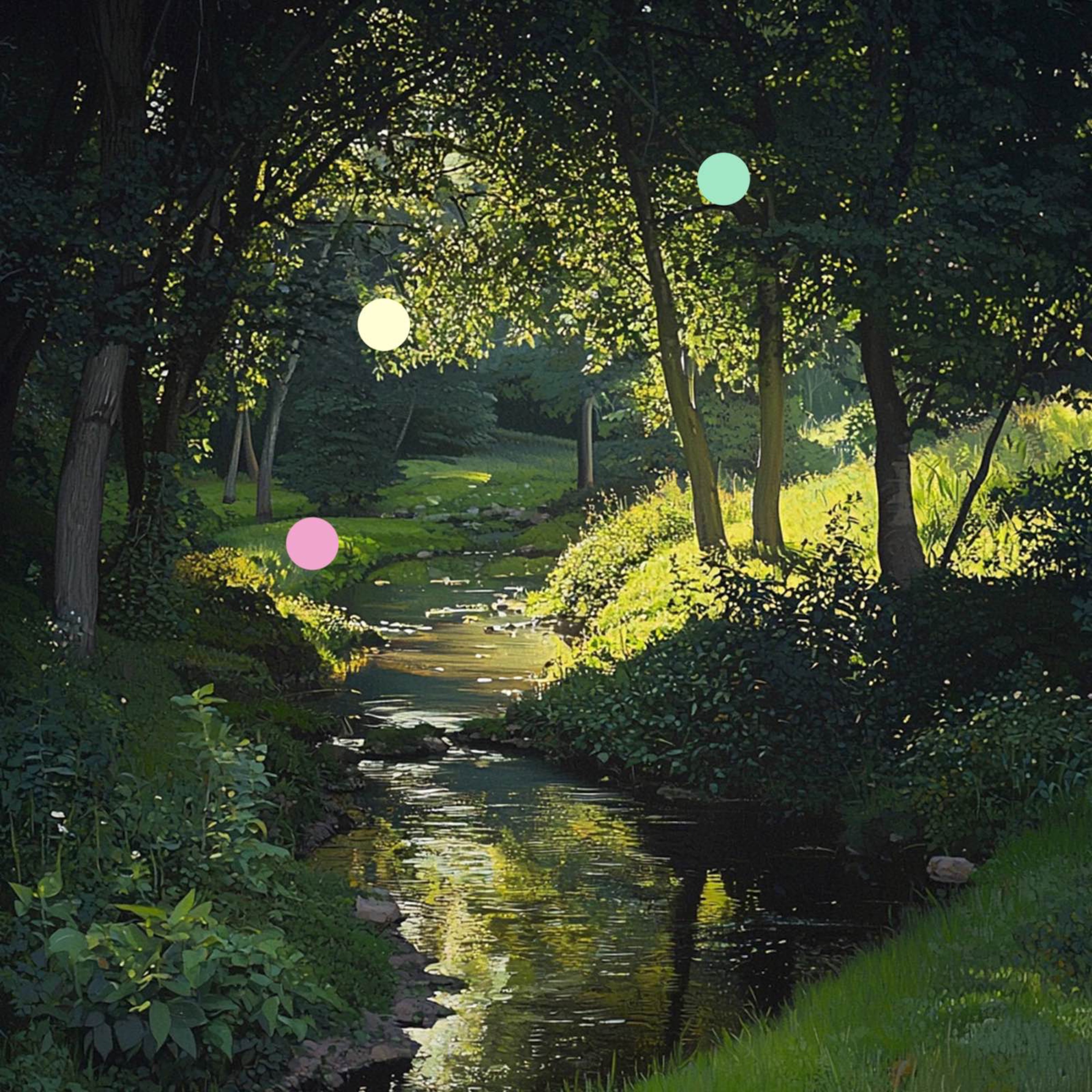 森の川と夕暮れ | 静かな流れと木々の鳥の声