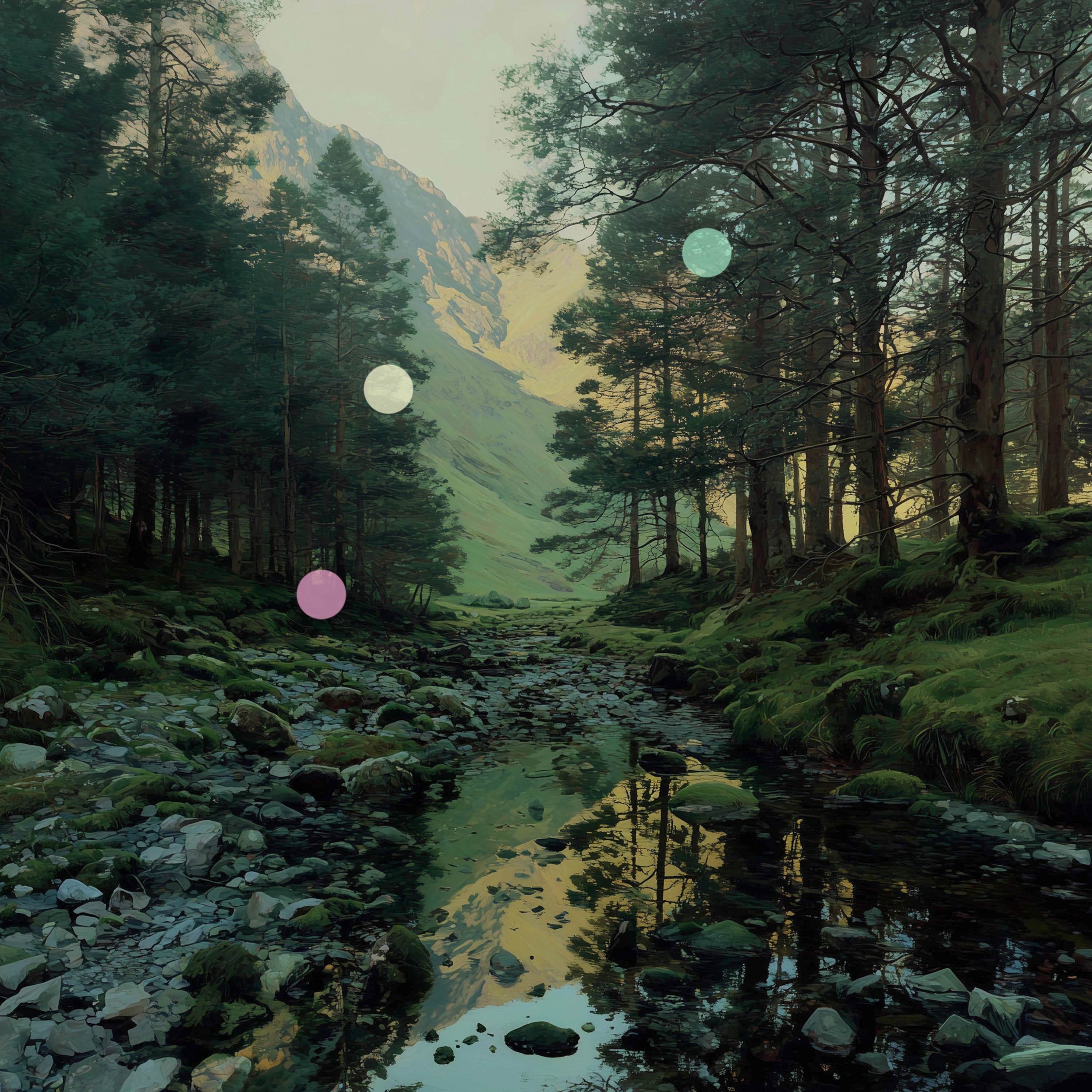 隠れた谷の小川｜流れる水と夕暮れの小鳥たち