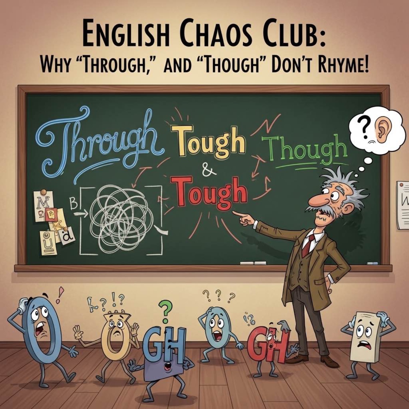 English Chaos Club: Why 'Through,' 'Tough,' and 'Though' Don't Rhyme! | Angrezi Uljhan: Kyun 'Through,' 'Tough,' Aur 'Though' Ek Jaisay Nahin Bolay Jatay! episode artwork